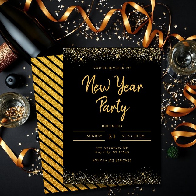 Simple Gold and Black Sparkle New Year Party Invitation (Creator Uploaded)