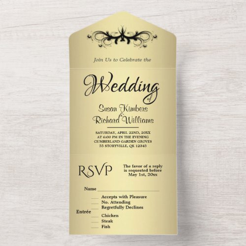  Simple Gold and Black Tri Fold w Rsvp Wedding  All In One Invitation