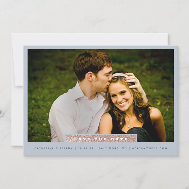 Simple Gold and Blue Block Photo Save The Date (Front)