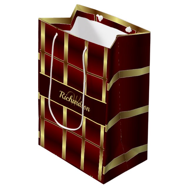 Simple Gold And Burgundy Checkered Monogrammed Medium Gift Bag (Front Angled)