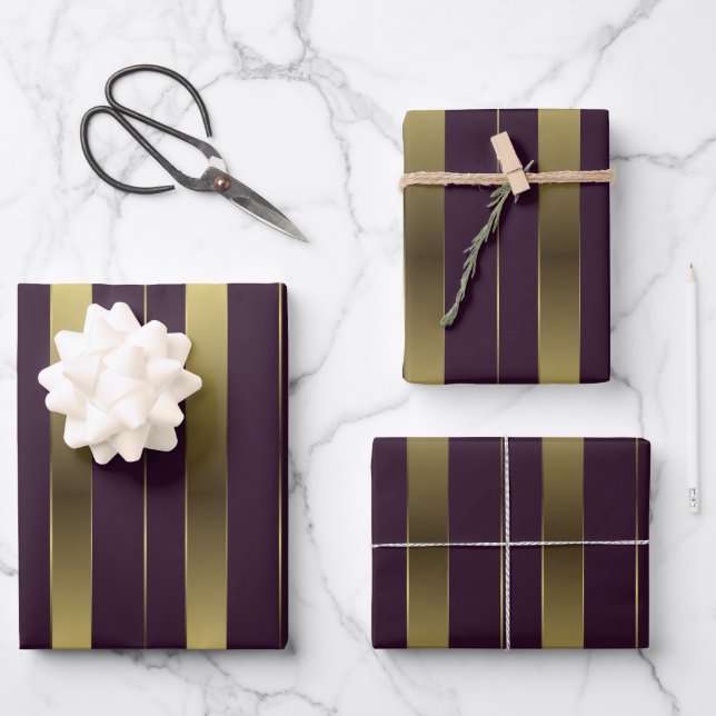 Simple Gold And Burgundy Purple Geometric Stripes Wrapping Paper Sheets (Front)