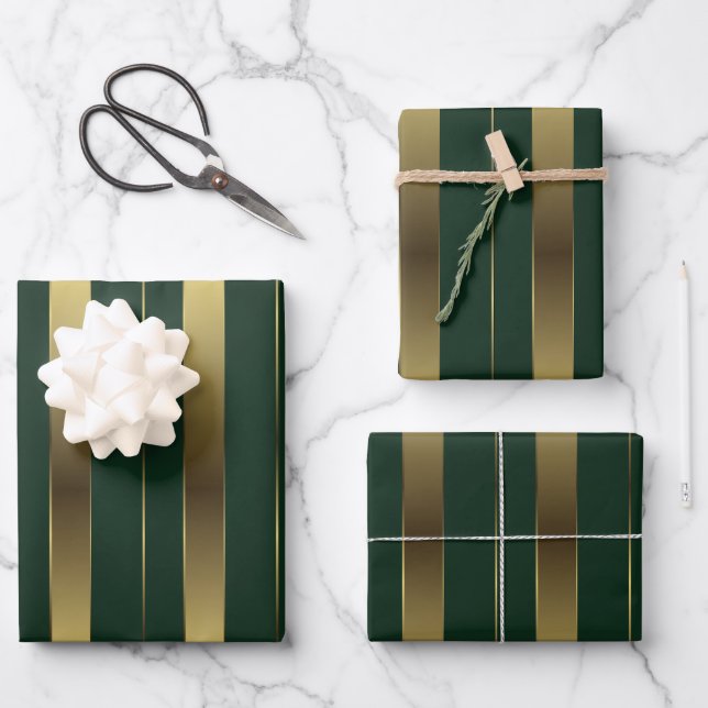 Simple Gold And Emerald Green Geometric Stripes Wrapping Paper Sheets (Front)