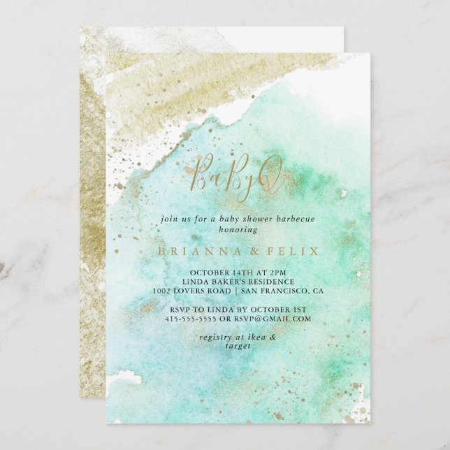 Simple Gold and Green BabyQ Baby Shower Barbecue Invitation (Front/Back)