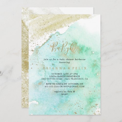 Simple Gold and Green BabyQ Baby Shower Barbecue Invitation