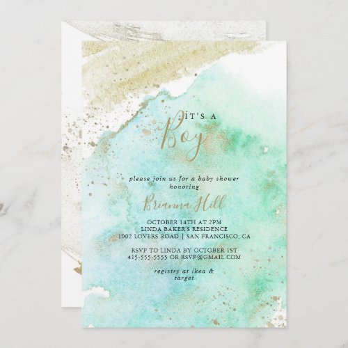 Simple Gold and Green Its A Boy Baby Shower Invitation