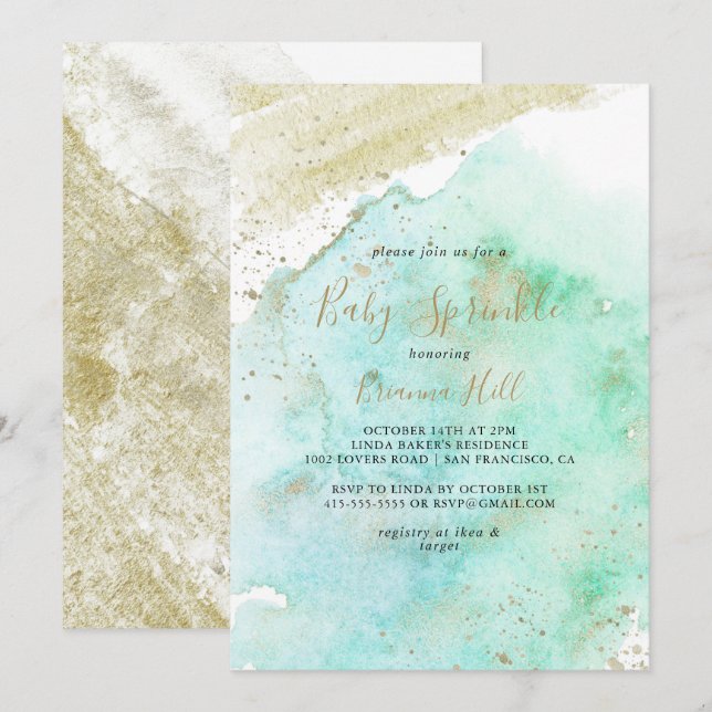 Simple Gold and Green Minimalist Baby Sprinkle Invitation (Front/Back)