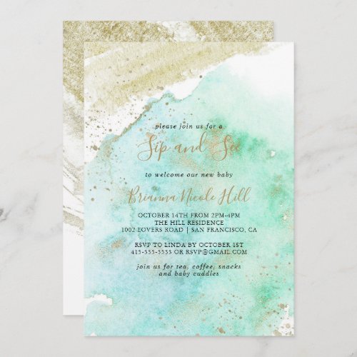 Simple Gold and Green Minimalist Sip and See Invitation