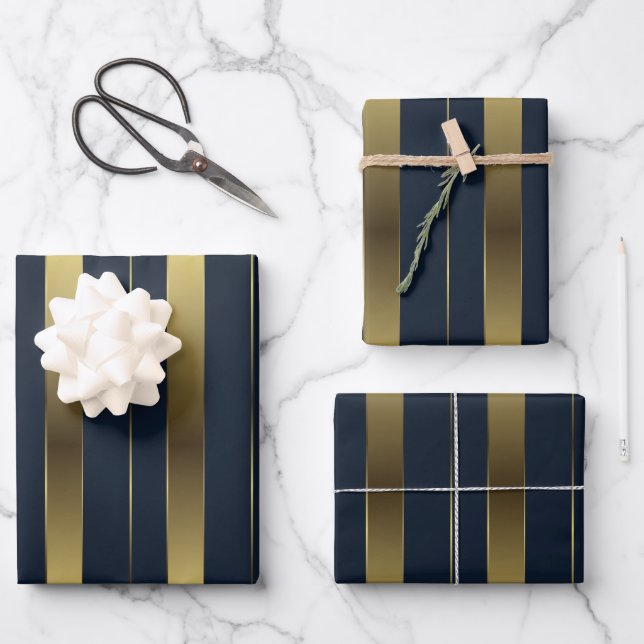 Simple Gold And Navy Blue Geometric Stripes Wrapping Paper Sheets (Front)