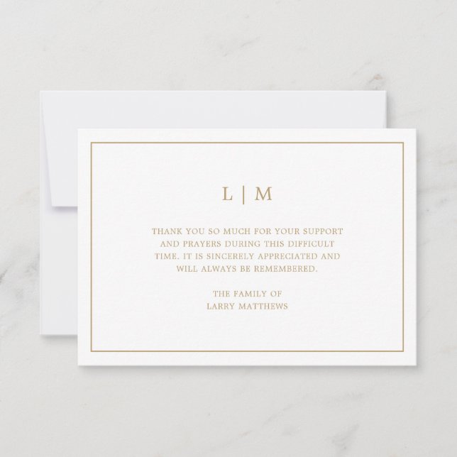 Simple Gold and White Monogram Funeral Sympathy Thank You Card (Front)