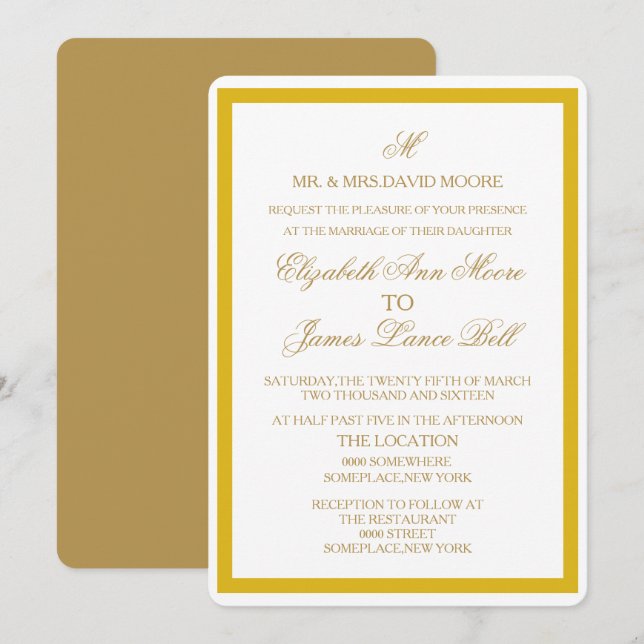 Simple Gold and White Wedding Invitation (Front/Back)