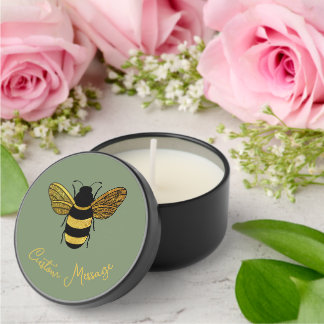 SIMPLE GOLD BLACK BUZZY BEE MESSAGE ON SAGE GREEN MINI CANDLE FAVORS