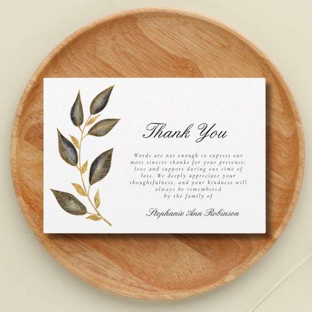 Simple Gold Black Floral Funeral Thank You Note Card (Creator Uploaded)