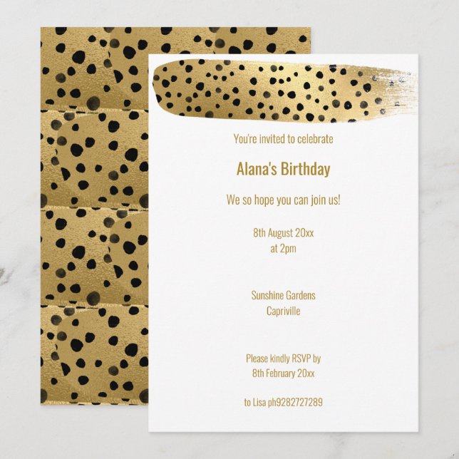SIMPLE GOLD BLACK LEOPARD ANIMAL WHITE BIRTHDAY INVITATION (Front/Back)