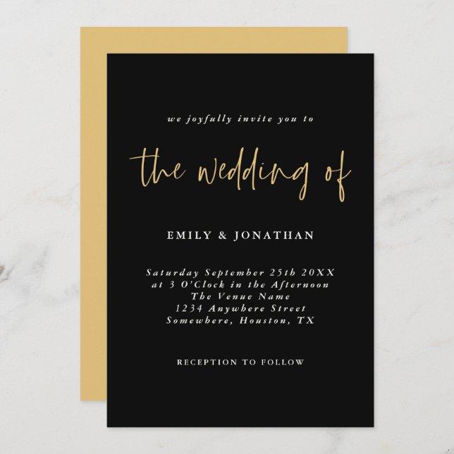 Simple Gold Black Script Wedding Invitation (Front/Back)