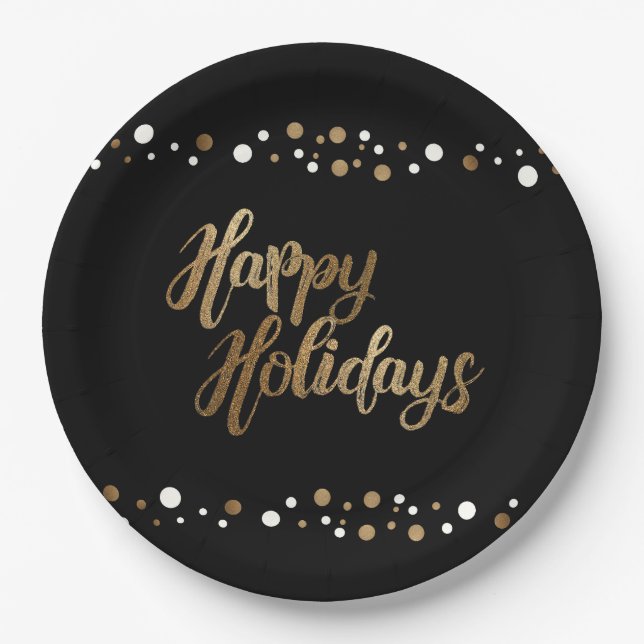 Simple Gold Black White Confetti Holiday Party Paper Plates (Front)