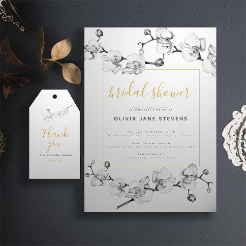 Simple Gold Black White Orchid Wedding Thank You Gift Tags