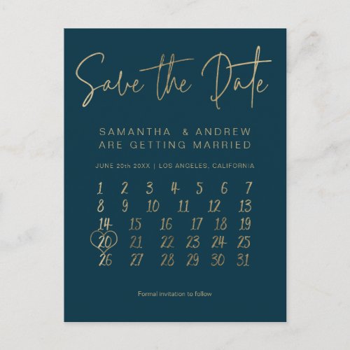 Simple gold blush blue calendar save the date announcement postcard