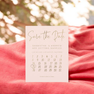 Simple gold blush pink calendar save the date announcement postcard