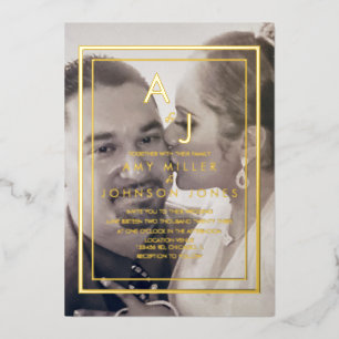 Simple Gold Border Photo Wedding Pressed    Foil Invitation
