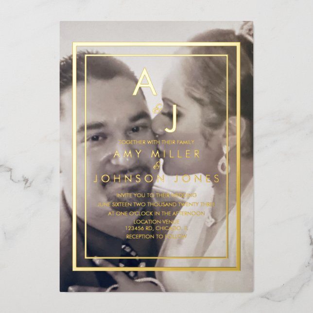 Simple Gold Border Photo Wedding Pressed    Foil Invitation (Front)