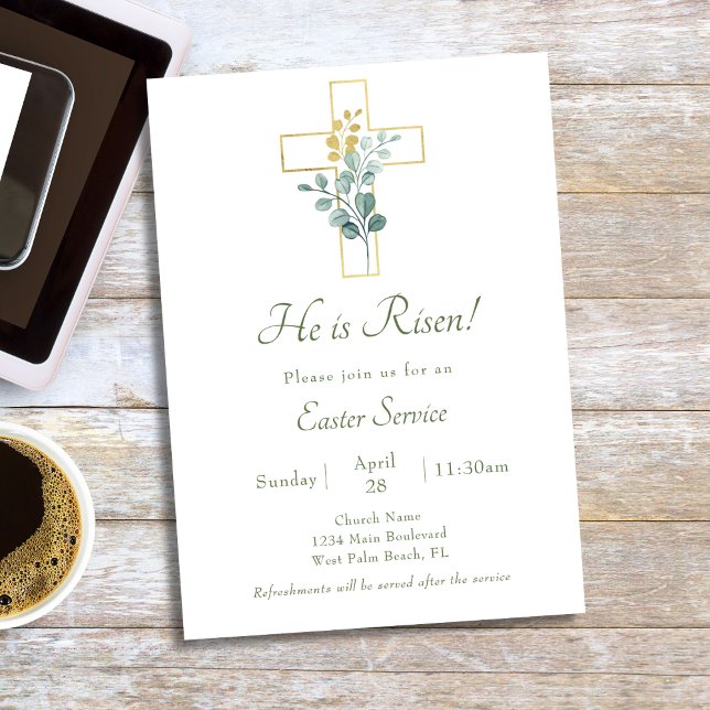 Simple Gold Botanical Cross Church Easter Service Invitation (Creator Uploaded)