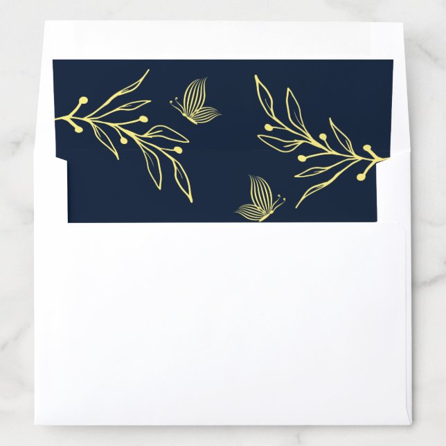 Simple gold botanical navy wedding envelope liner (In Envelope)