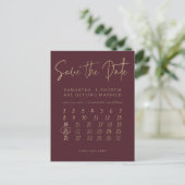 Simple gold burgundy calendar save the date announcement postcard (Standing Front)