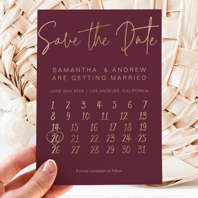 Simple gold burgundy calendar save the date announcement postcard