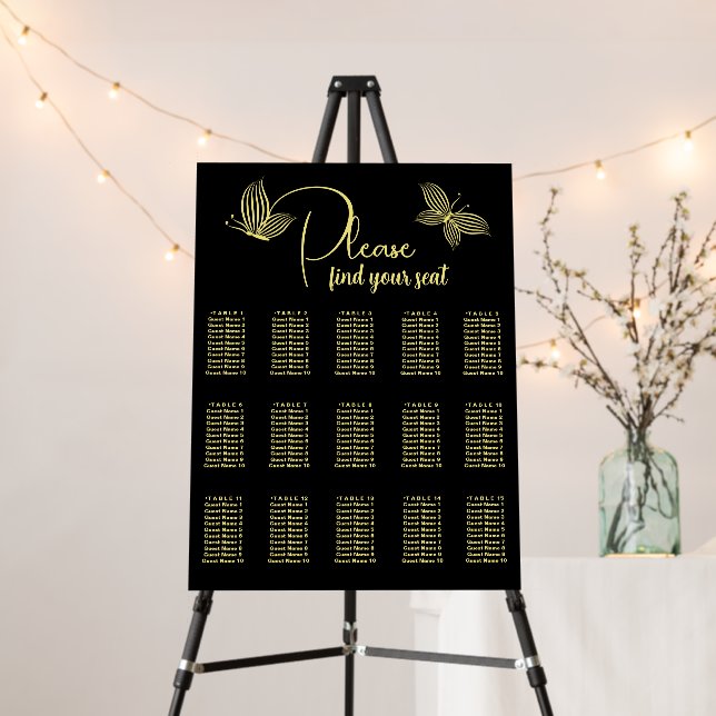 Simple gold butterflies black seating chart foam board (In Situ (Stand))