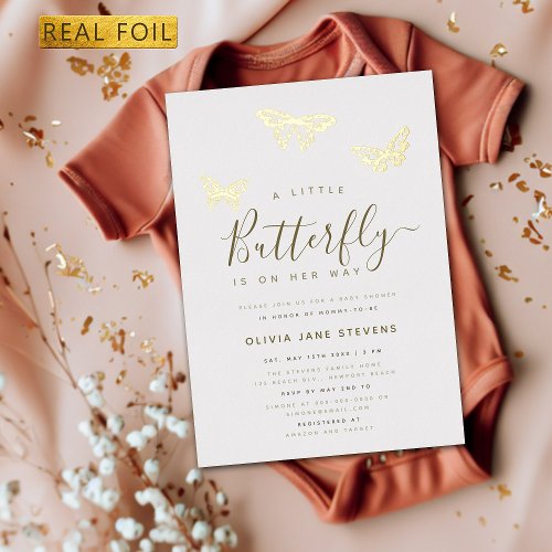 Simple Gold Butterflies Boho Chic Baby Shower Foil Invitation