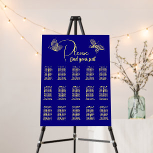 Simple gold butterflies royal blue seating chart foam board