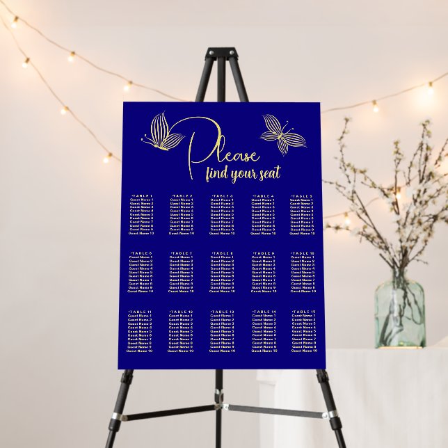 Simple gold butterflies royal blue seating chart foam board (In Situ (Stand))