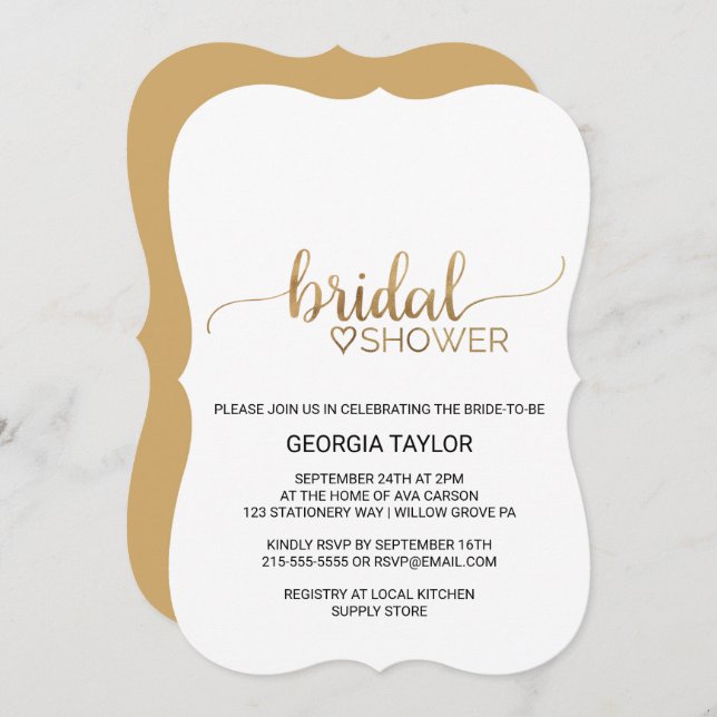 Simple Gold Calligraphy Bridal Shower Invitation (Front/Back)