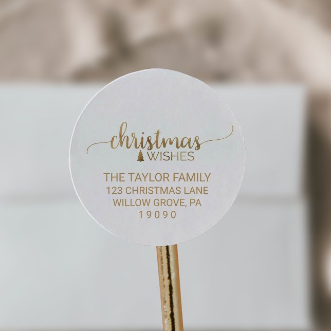Simple Gold Calligraphy Christmas Return Address Classic Round Sticker (Creator Uploaded)