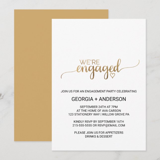 Simple Gold Calligraphy Engagement Party Invitation (Front/Back)