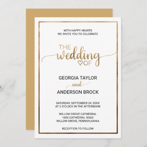 Simple Gold Calligraphy  Frame Wedding Invitation