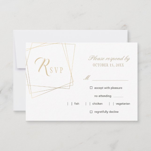 Simple gold calligraphy geometric frame wedding RSVP card (Front)