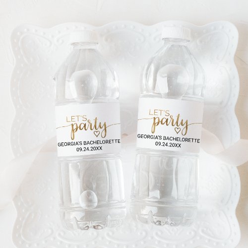 Simple Gold Calligraphy Lets Party Bachelorette Water Bottle Label
