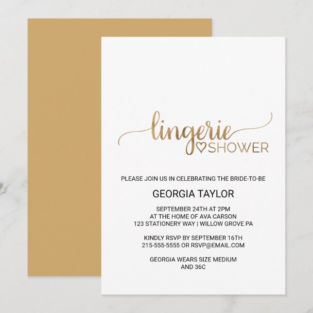 Simple Gold Calligraphy Lingerie Shower Invitation (Front/Back)