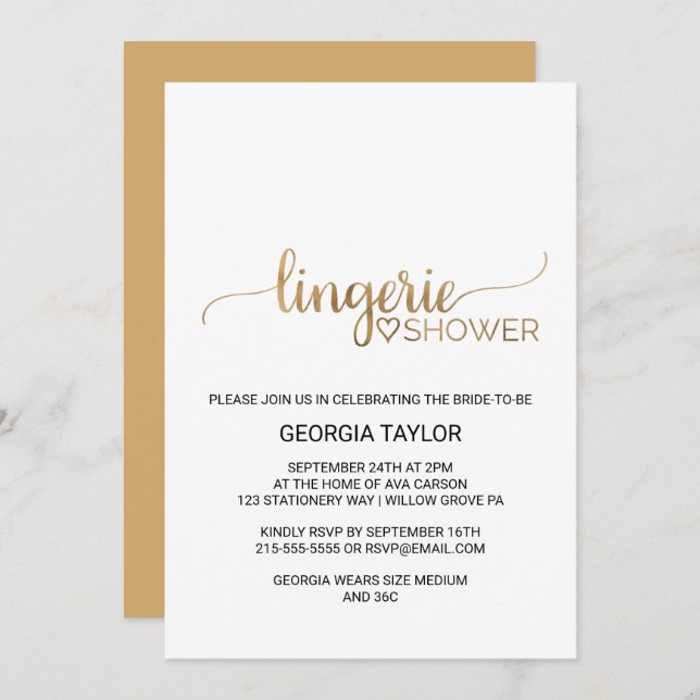 Simple Gold Calligraphy Lingerie Shower Invitation (Front/Back)