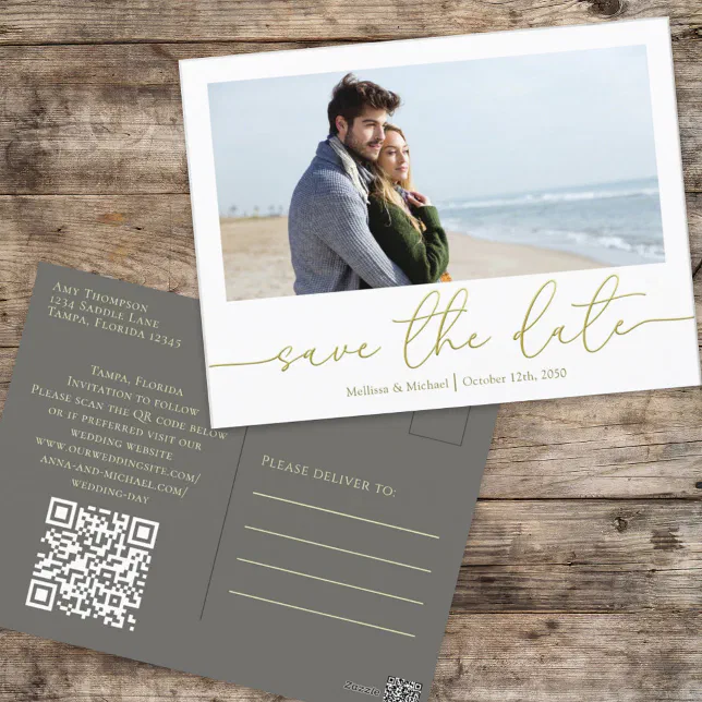 Simple Gold Calligraphy Modern Photo QR Code Postcard | Zazzle