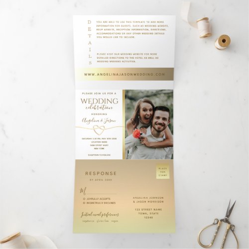 Simple Gold Calligraphy Photo Wedding Tri_Fold Invitation
