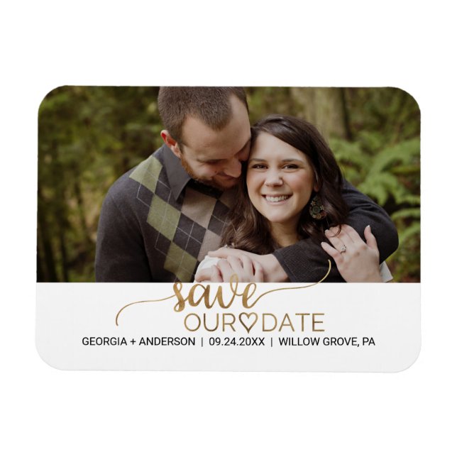 Simple Gold Calligraphy Save the Date Photo Magnet (Horizontal)