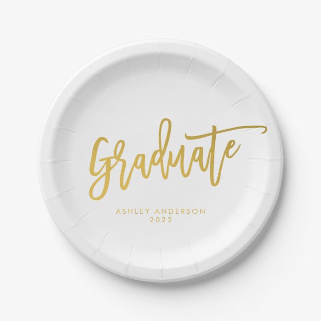 Simple Gold Calligraphy Script Graduation Party Paper Plates (Front)