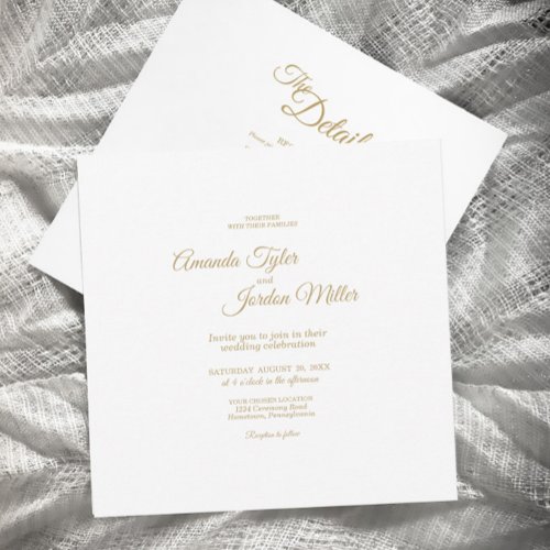 Simple Gold Calligraphy Square All in One Wedding Invitation