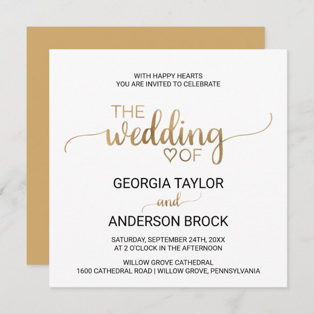 Simple Gold Calligraphy Square Wedding Invitation (Front/Back)