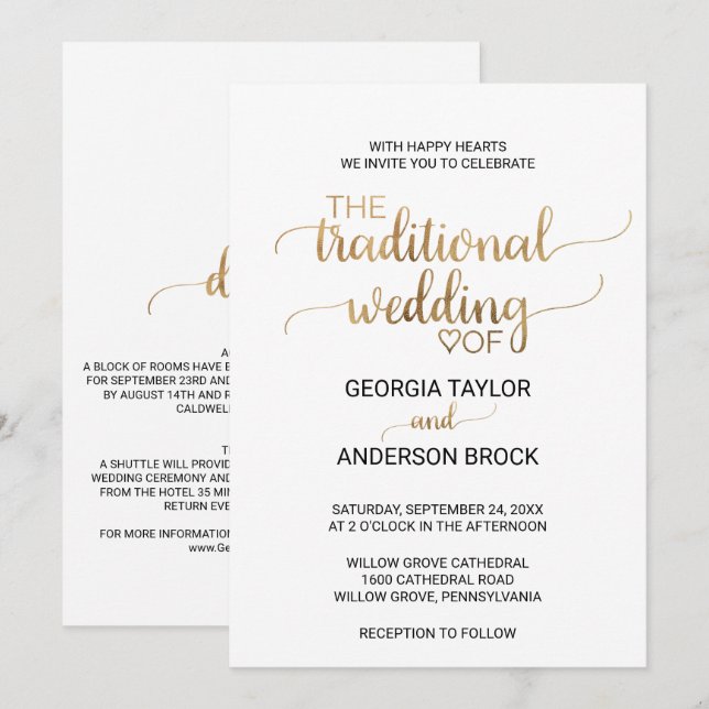Simple Gold Calligraphy Traditional Wedding Invitation (Front/Back)