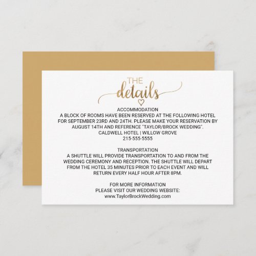 Simple Gold Calligraphy Wedding Details Card