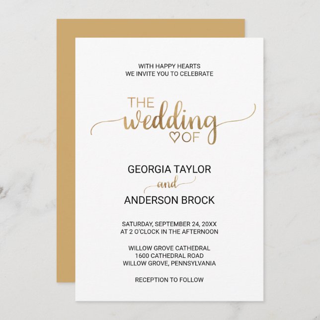 Simple Gold Calligraphy Wedding Invitation (Front/Back)