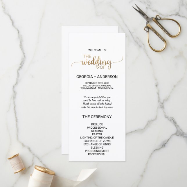 Simple Gold Calligraphy Wedding Program (Front/Back In Situ)